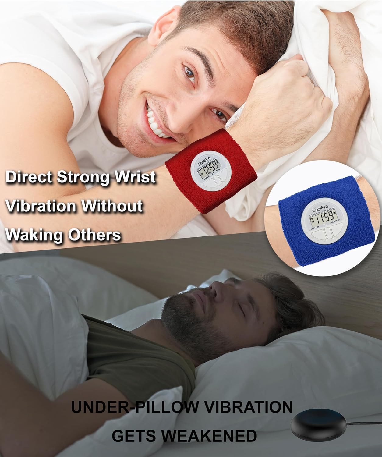 Silent Vibrating Alarm Clock Wrist Bracelet for Deep Sleepers Black