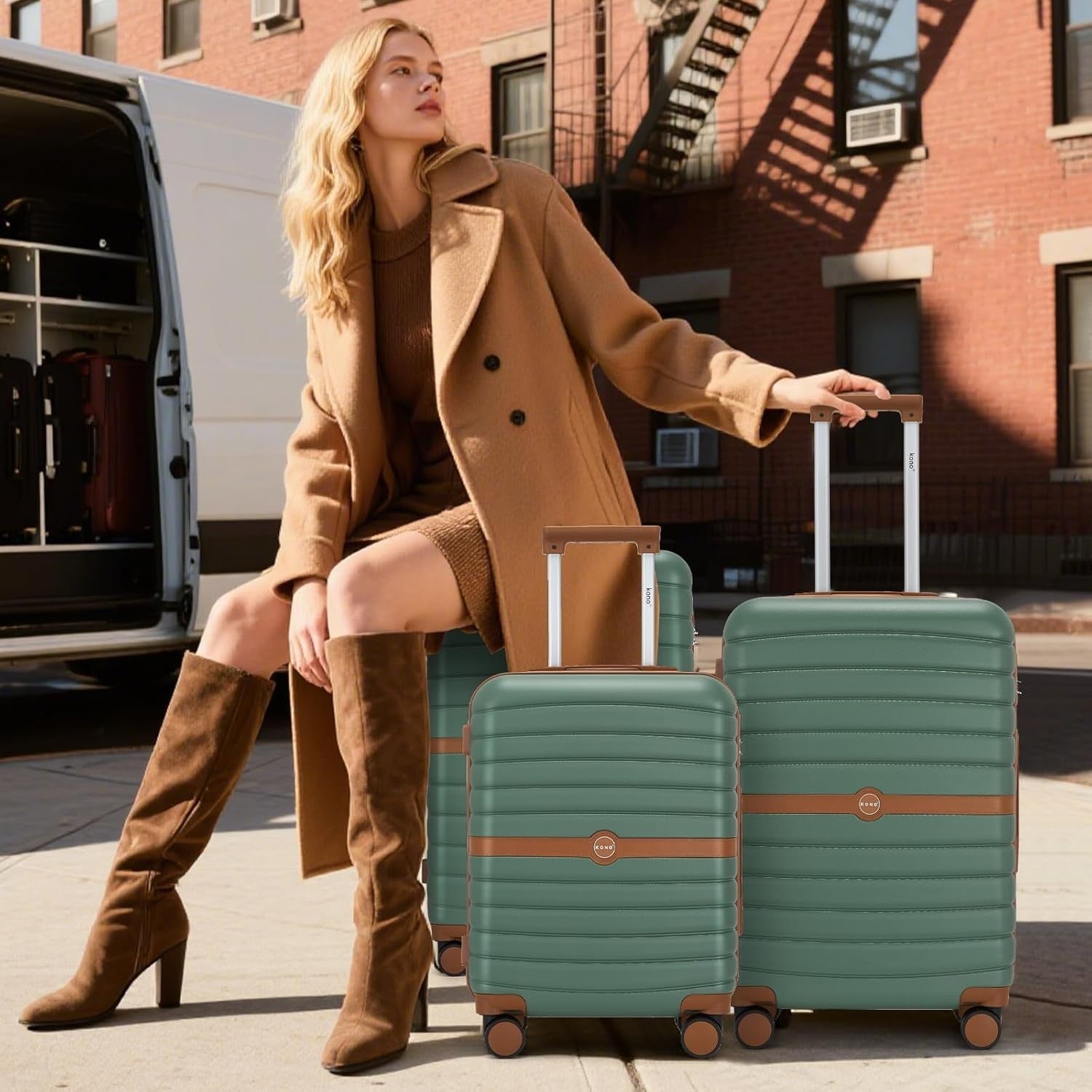 24'' Green Brown Check In Suitcase ABS PC Hard Shell Spinner Wheels Lock