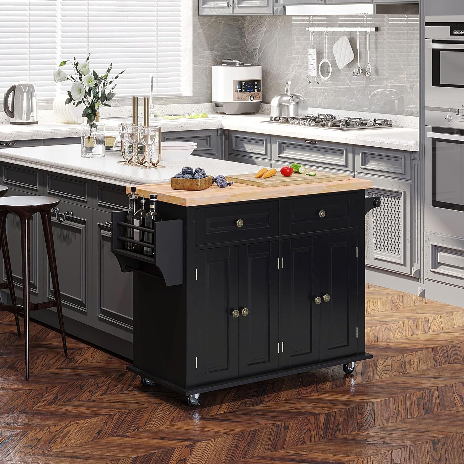 Kitchen Island Trolley on Wheels Storage Cabinet Drawer Butcher Wood Top
