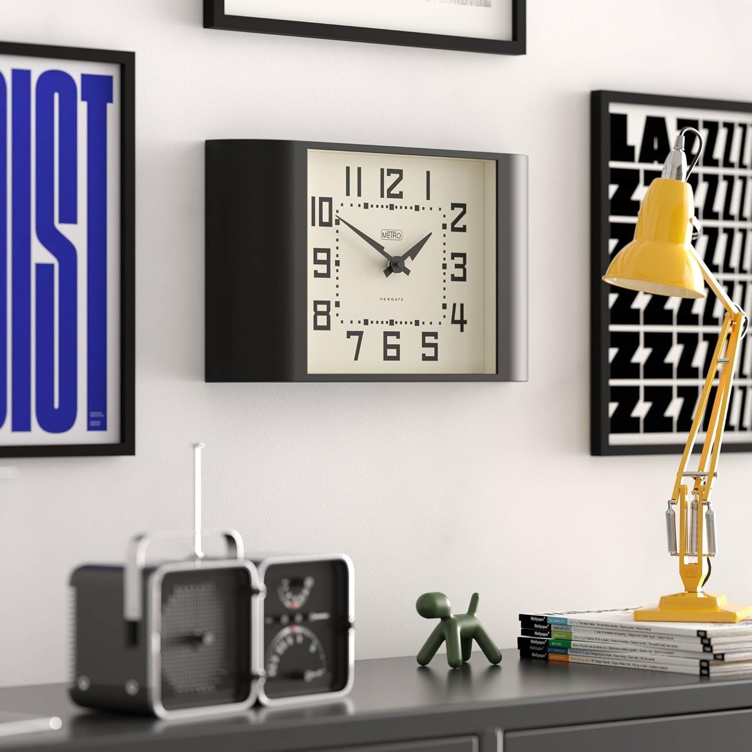 Retro Black Wall Clock 42cm Wide Mid-Century Modern Kitchen Home Office Decor