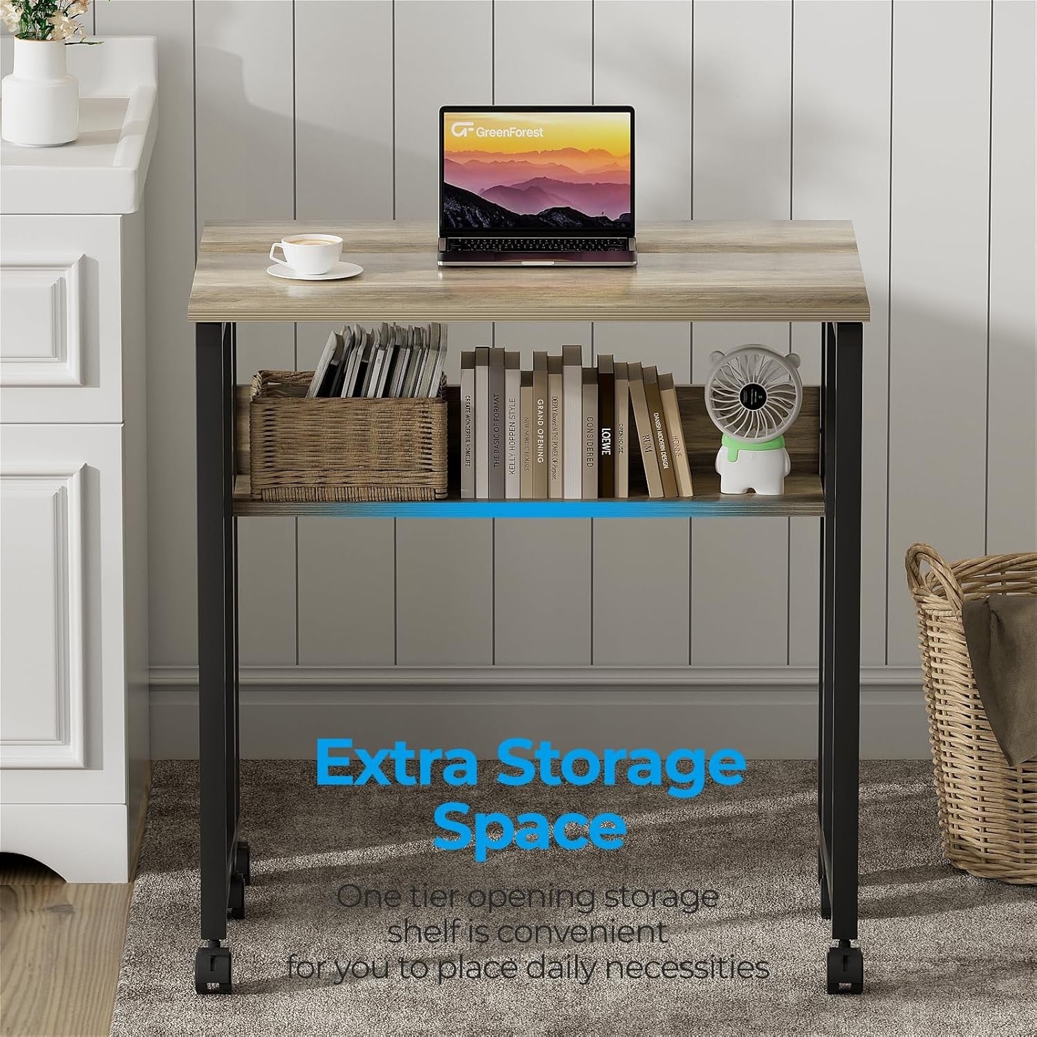 Small Folding Computer Desk on Wheels with Storage Shelf Space Saving