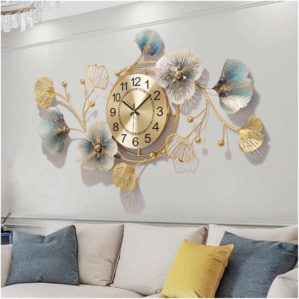 Large Gold Wall Clock 94x52cm Silent Art Deco Ginkgo Leaf Home Decor