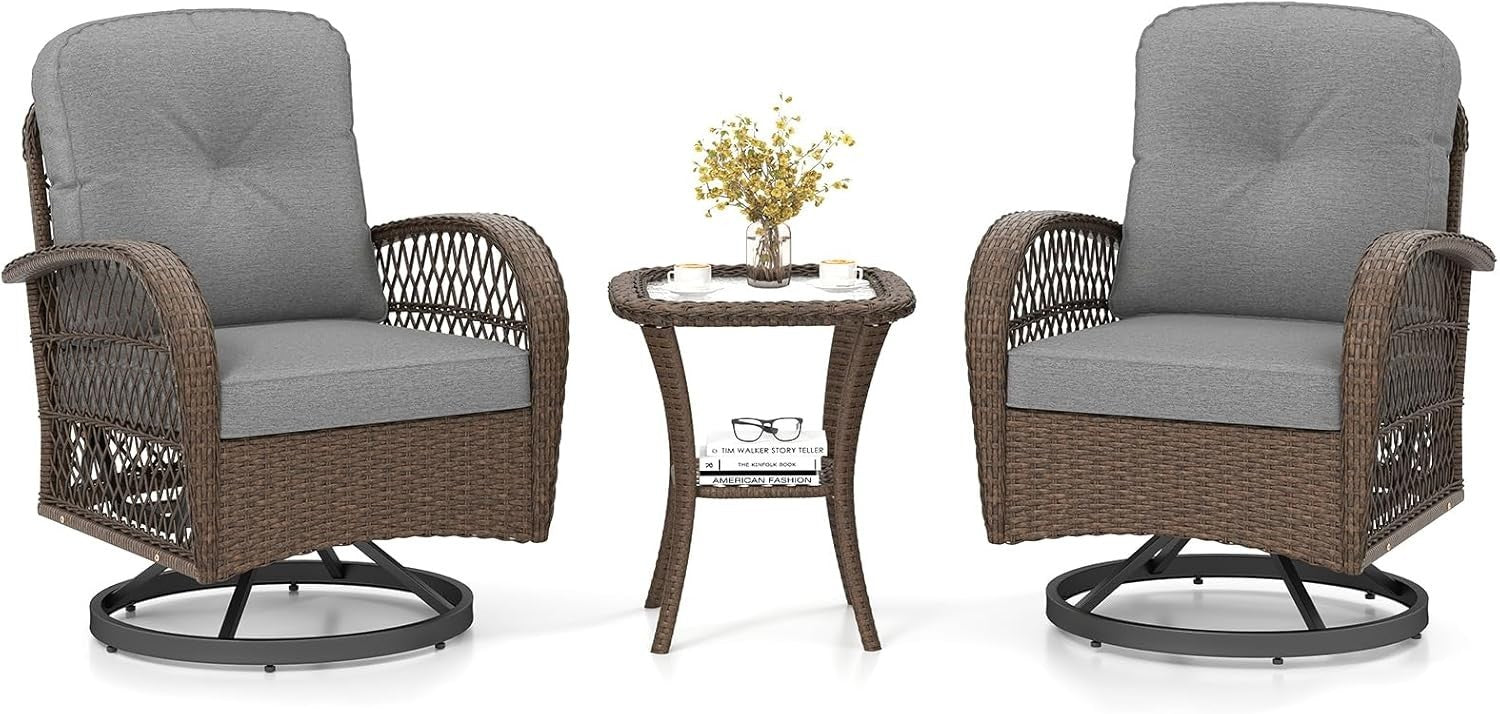 360° Swivel Rattan Patio Chairs Set w/Table Cushions Outdoor Garden