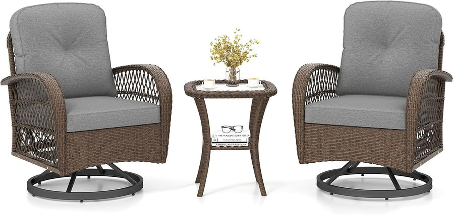 360° Swivel Rattan Patio Chairs Set w/Table Cushions Outdoor Garden