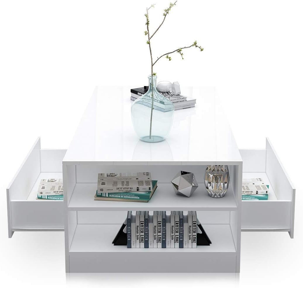 Modern White Gloss Coffee Table with Storage Shelf – Durable 95x55x37cm