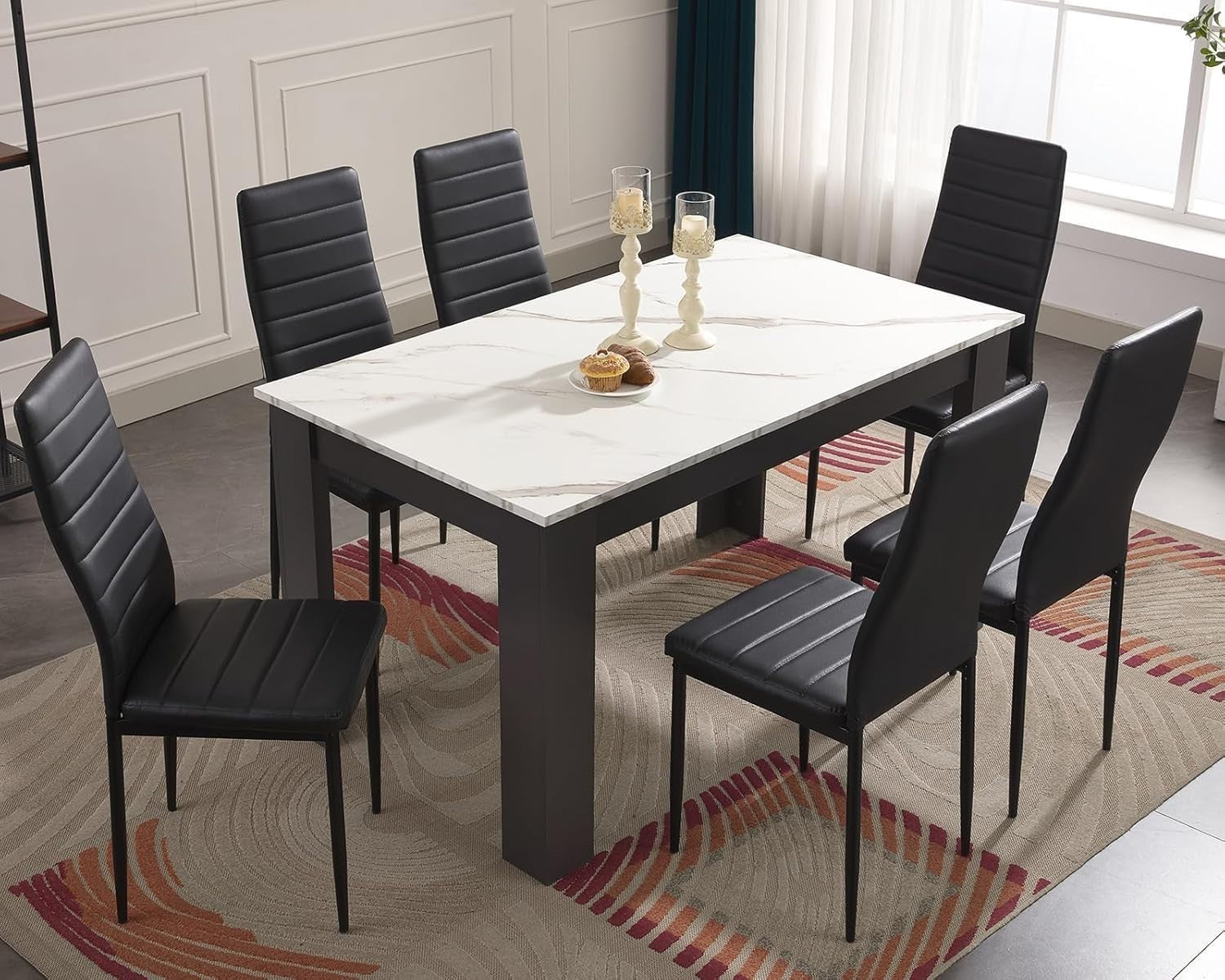 Modern 7-Piece Dining Set Marble Table & Chairs | Space-Saving, Easy Clean