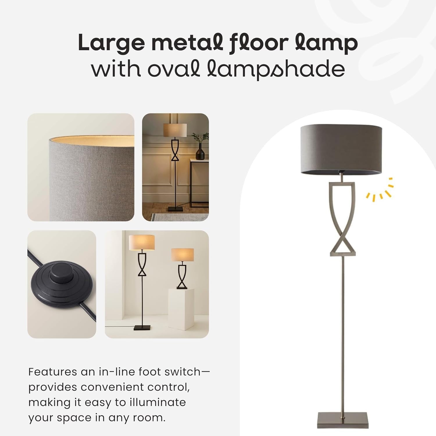 Large Silver Chrome Floor Lamp with Grey Oval Shade & LED Bulb