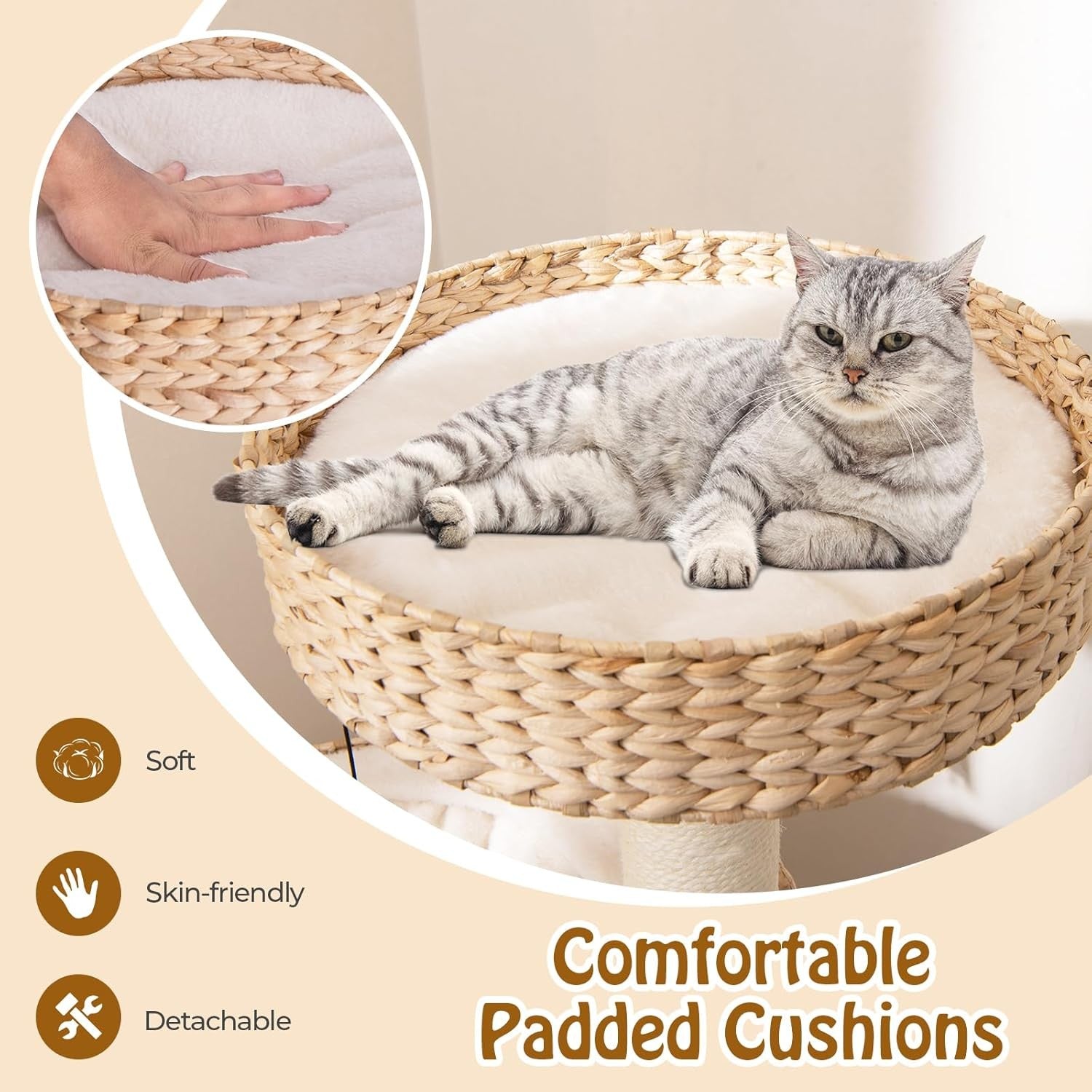 Modern Cat Tree Tower With Wicker Condo Top Perch Scratching Posts Indoor