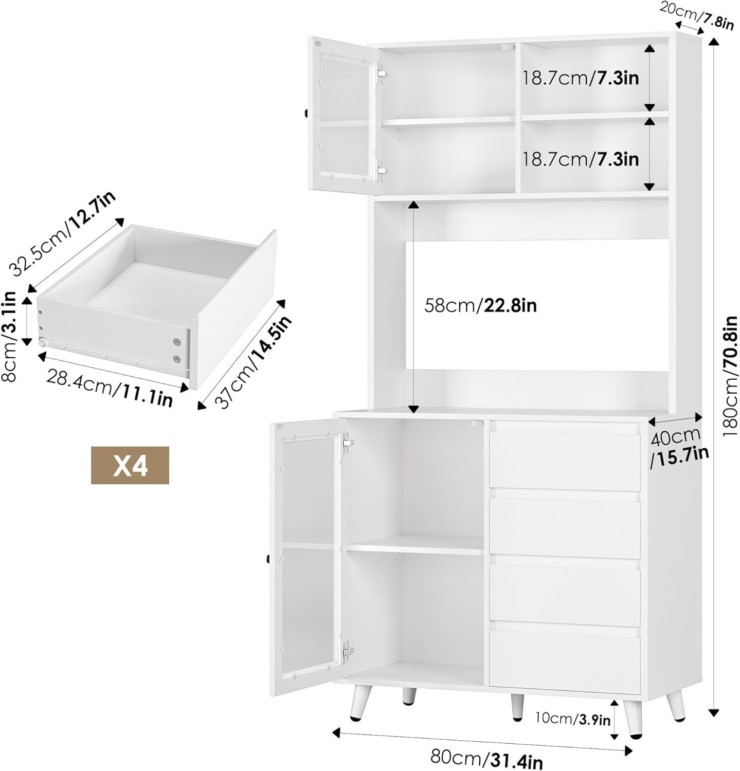 White Tall Kitchen Cupboard 180cm 2 Glass Doors 4 Drawers