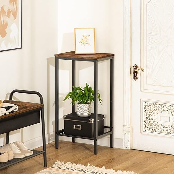 Narrow Tall Side Table with Charging Shelf, 2 Tier Industrial Bedside End Table