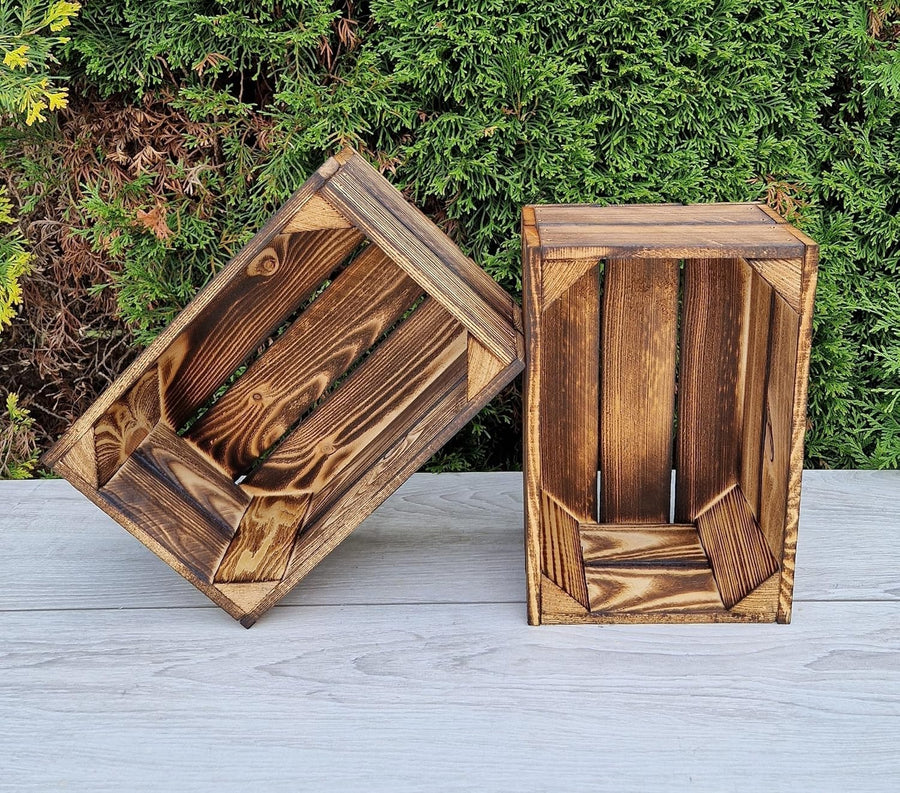 2-Piece Burnt Effect Wooden Storage Crates Organizer 30x20x15cm Durable
