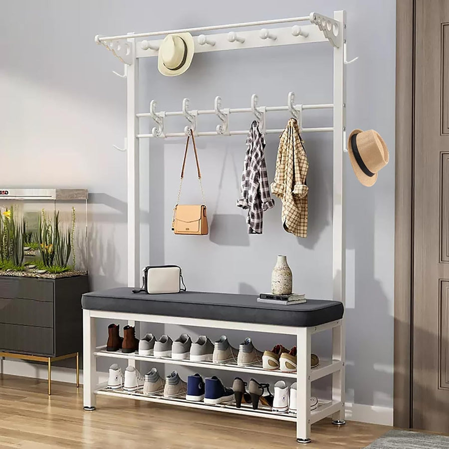 Modern Hall Tree Coat Rack with Shoe Bench 100cm | Entryway Storage Stand