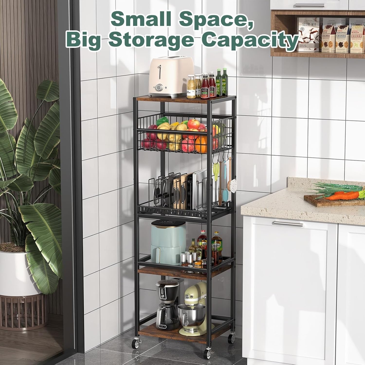 5 Tier Kitchen Rolling Cart Storage Rack with Fruit Basket & Wooden