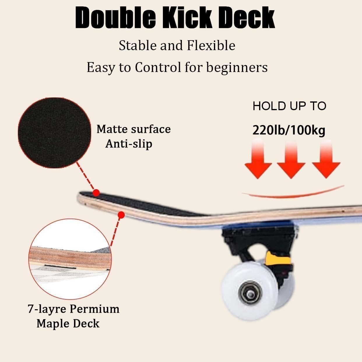 31in Beginner Skateboard Double Kick Maple Deck Kids Adults + Tool