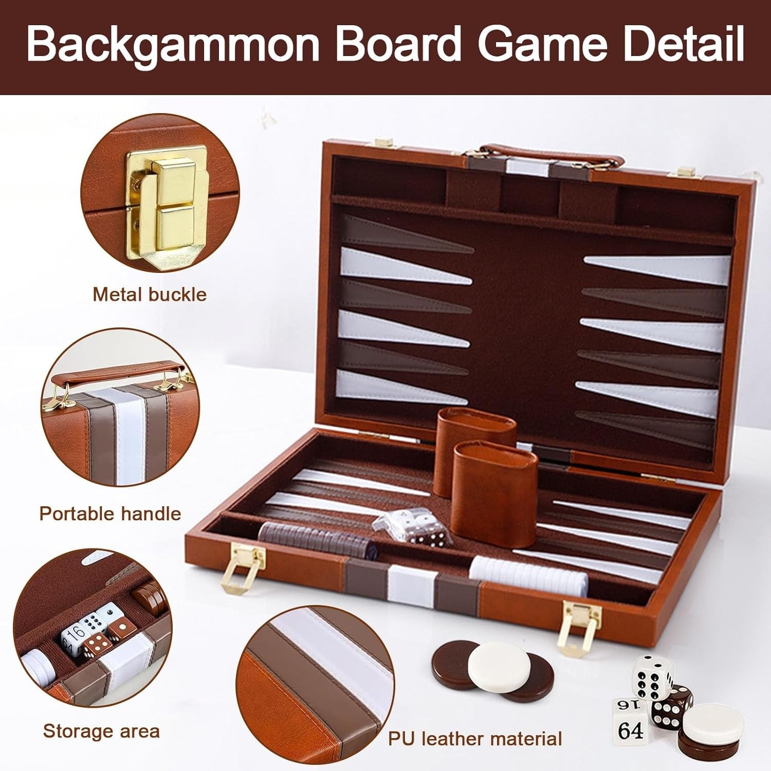 Backgammon Set 11 Inch Leather Case Portable Travel Board Game Dice Cups