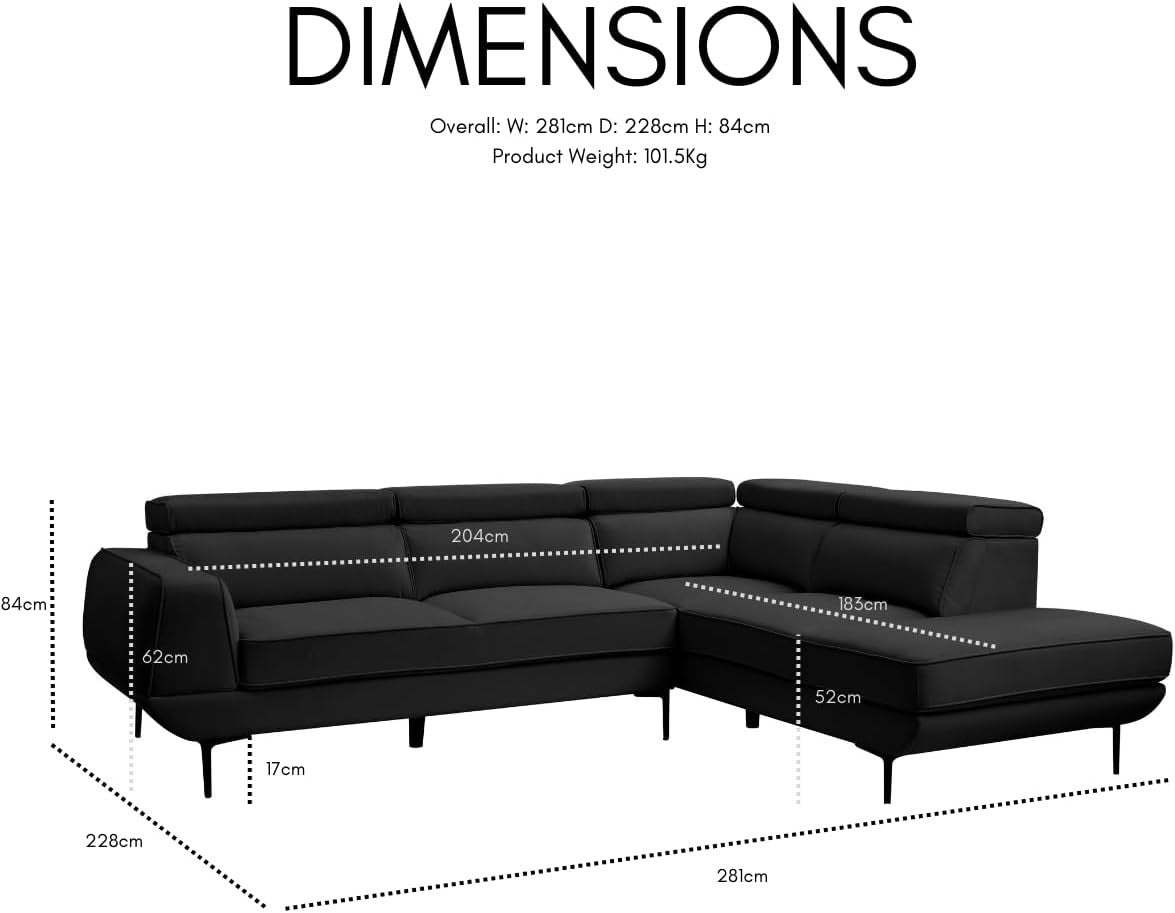 5 Seater L-Shaped Velvet Sofa in Black with Adjustable Headrests & Metal Legs