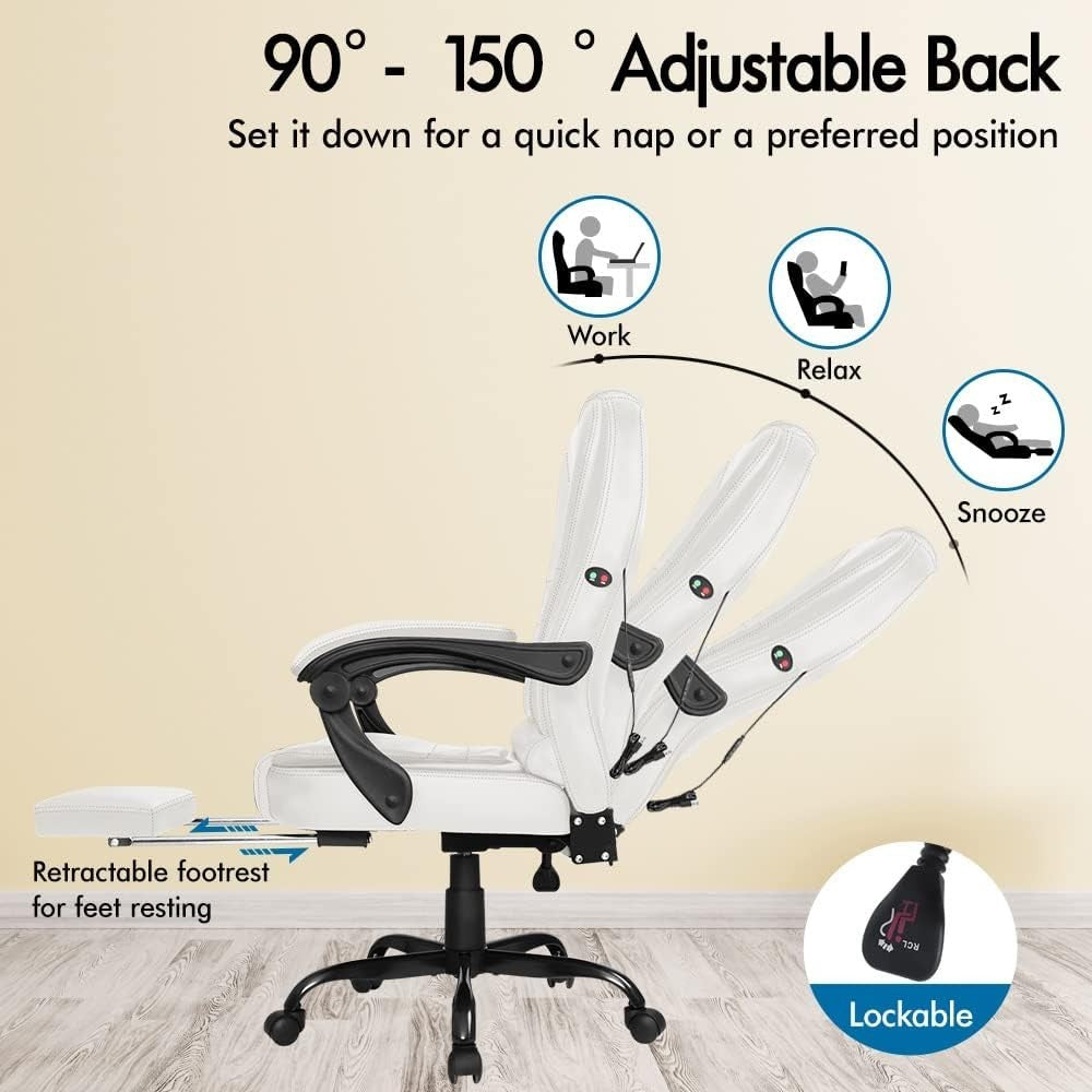 White Massage Office Chair Recliner Footrest Ergonomic PU Leather Swivel