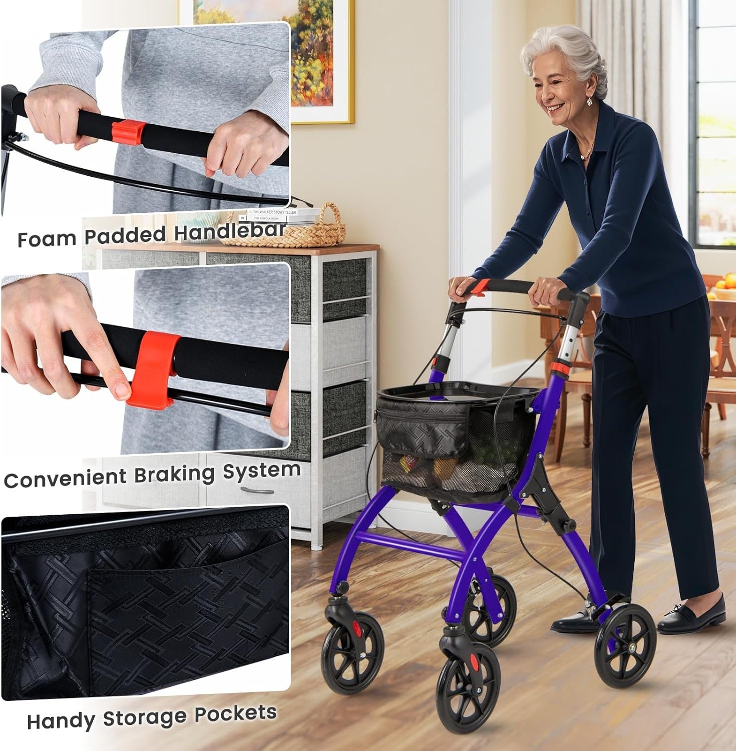 Lightweight Folding Rollator Walker 4 Wheel Basket Brakes Narrow Purple