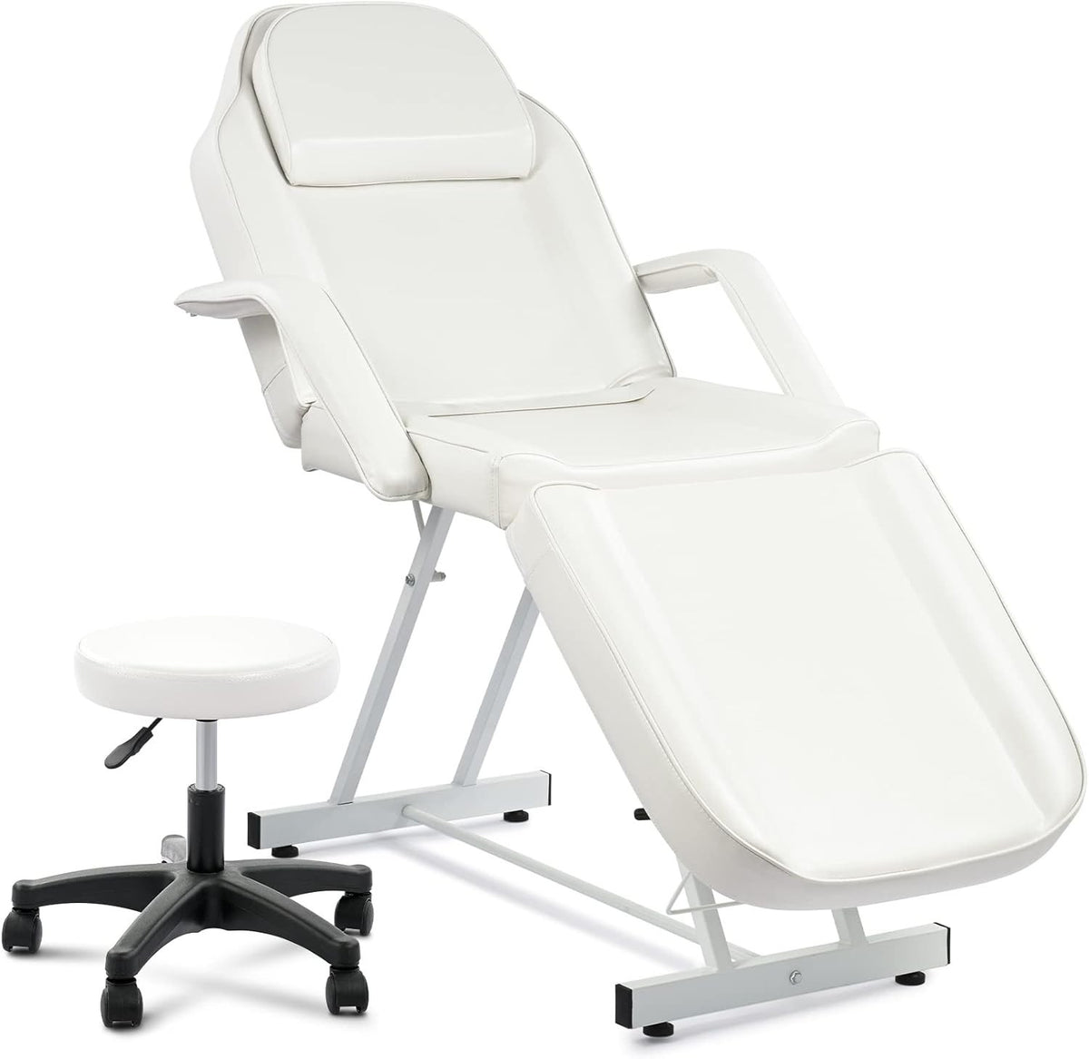 Adjustable 3-Section Beauty Massage Bed Steel Frame w/ Headrest Stool White