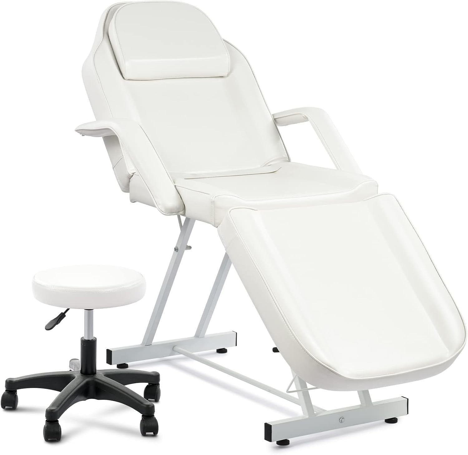 Adjustable 3-Section Beauty Massage Bed Steel Frame w/ Headrest Stool White