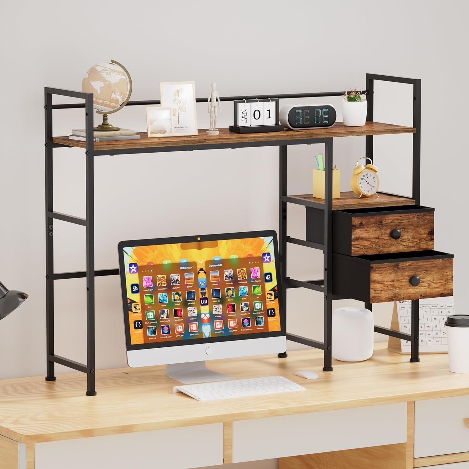 39" Desk Hutch Shelf Rustic Brown | 4-Tier Desktop Organizer Rack with Drawers