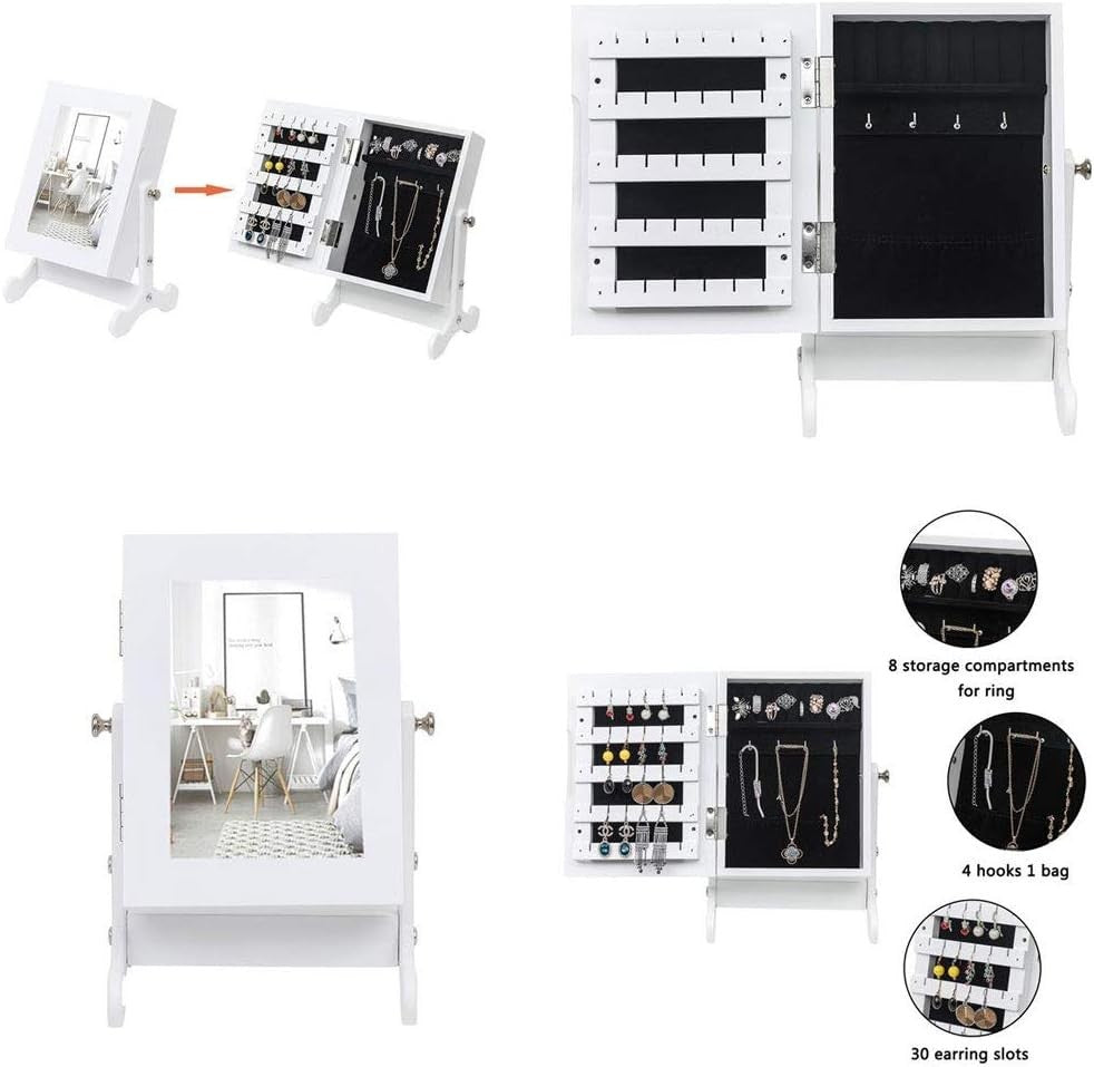 White Desktop Vanity Mirror Jewellery Cabinet Organizer Portable Storage