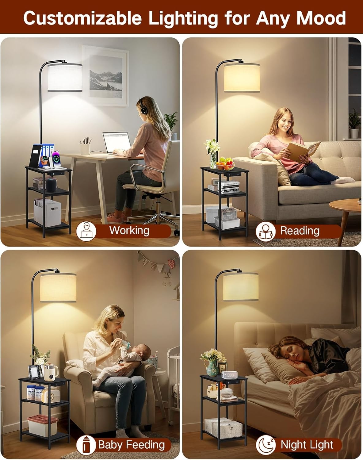 Floor Lamp with Table & Storage Drawers, Dimmable LED, USB Charging, Black