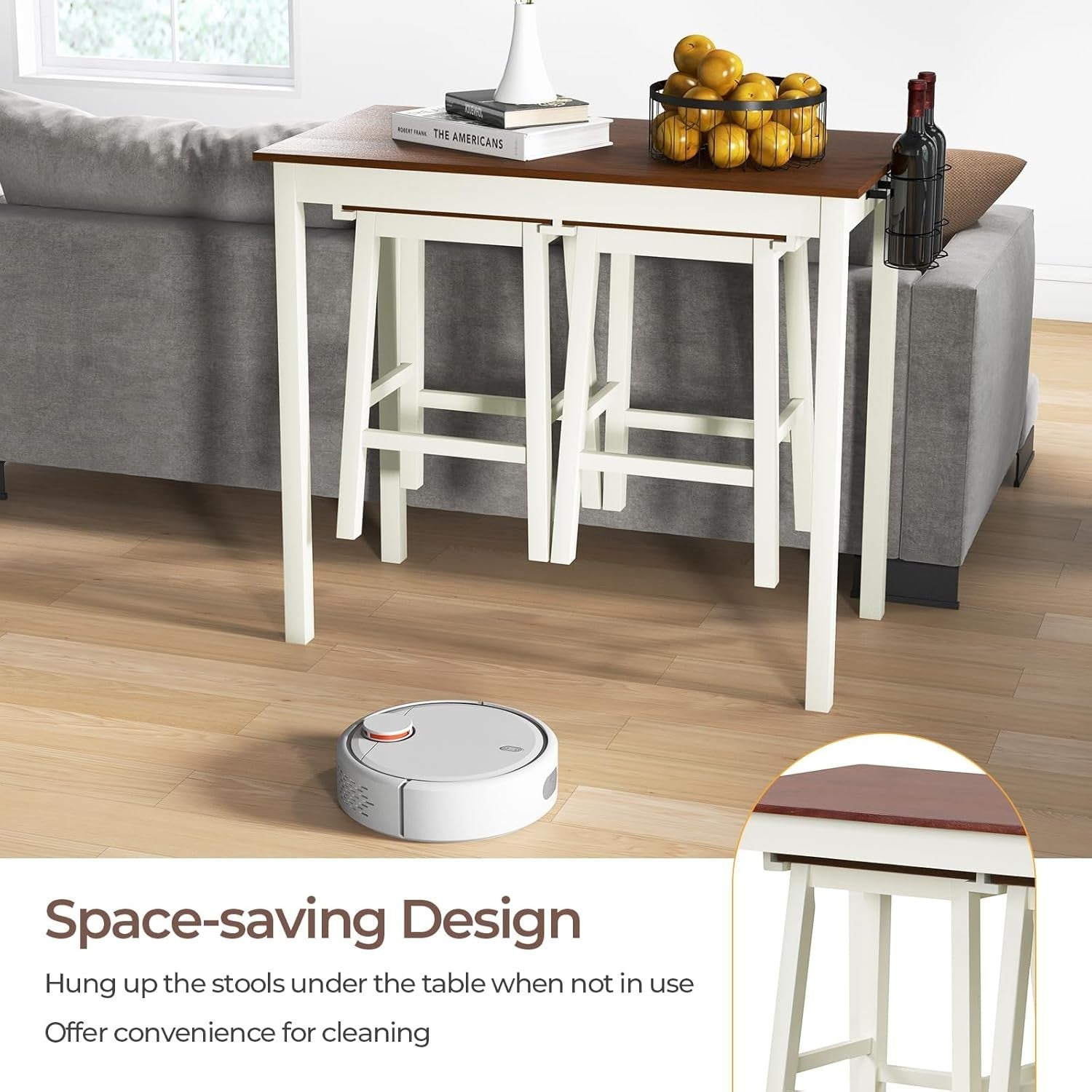3-Piece Bar Table Set with Stools, Wine Racks & Shelves, Cream White/Walnut