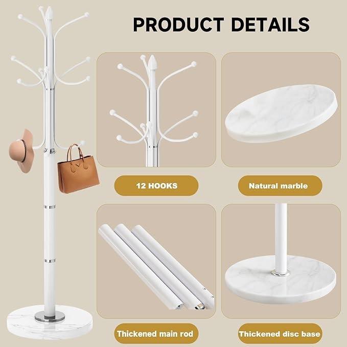 White Metal Coat Rack Stand Marble Base 12 Hooks Hall Tree Organizer