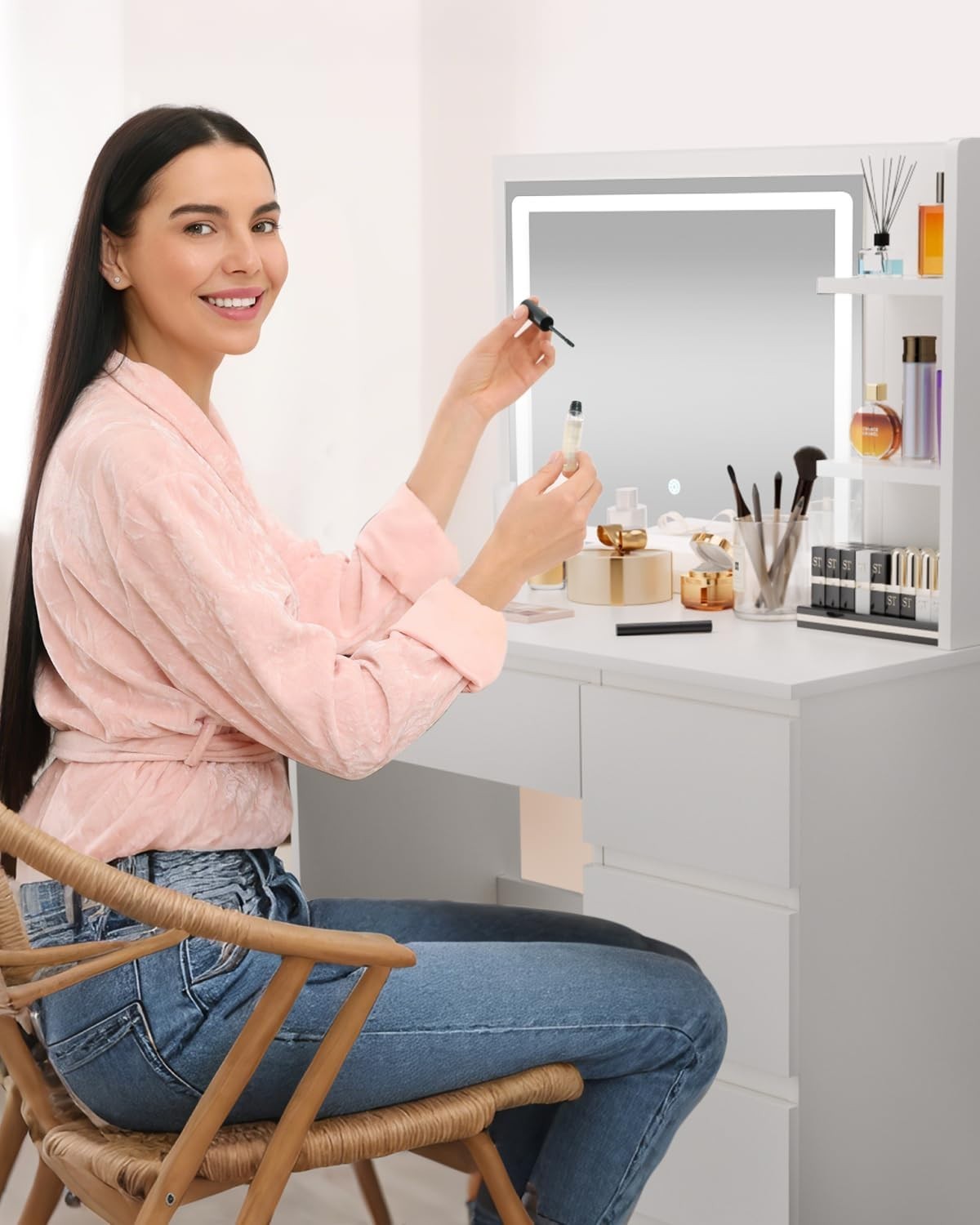 Vanity Table Set Makeup Dressing Desk Mirror Light Storage Drawers Stool White