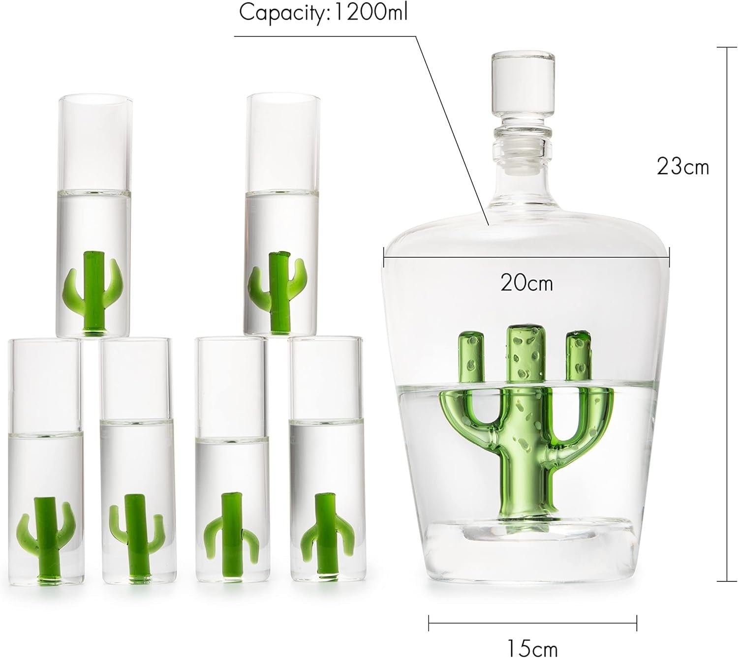 Cactus Tequila Decanter Set with 6 Shot Glasses Luxury Bar Display Gift