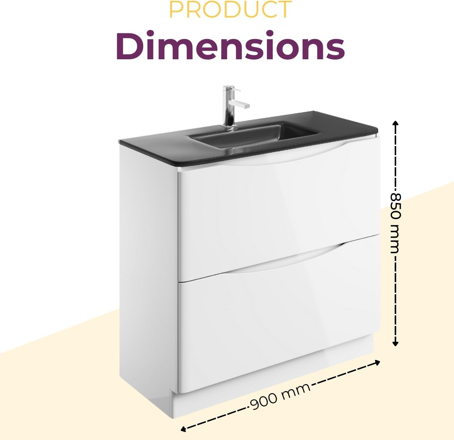 900mm Floor Standing Vanity Unit White Gloss with Grey Glass Basin Bathroom