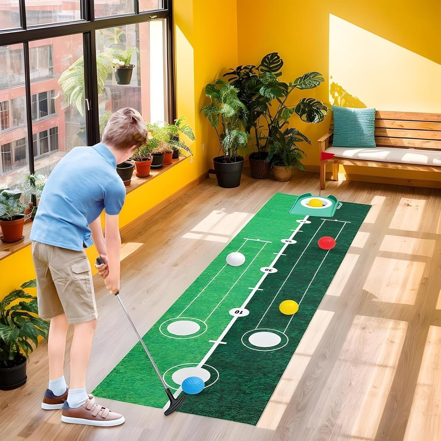 Golf Putting Mat Indoor Outdoor Practice Set w Balls Flags Cups Training