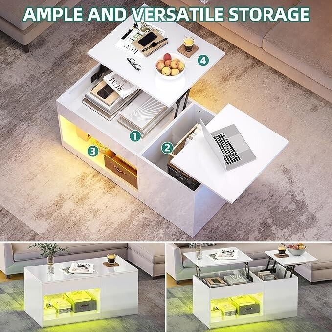Lift Top LED Coffee Table White Gloss Storage RGB Light Desk Living Room