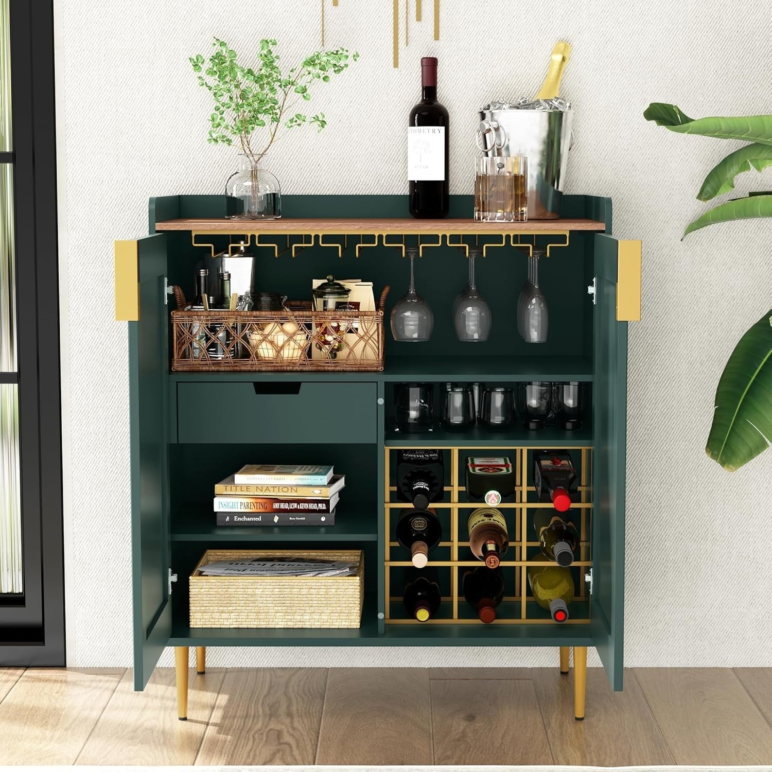 Modern Drinks Cabinet Wine Bar Storage Unit with Glass Holder & 9 Bottle Rack