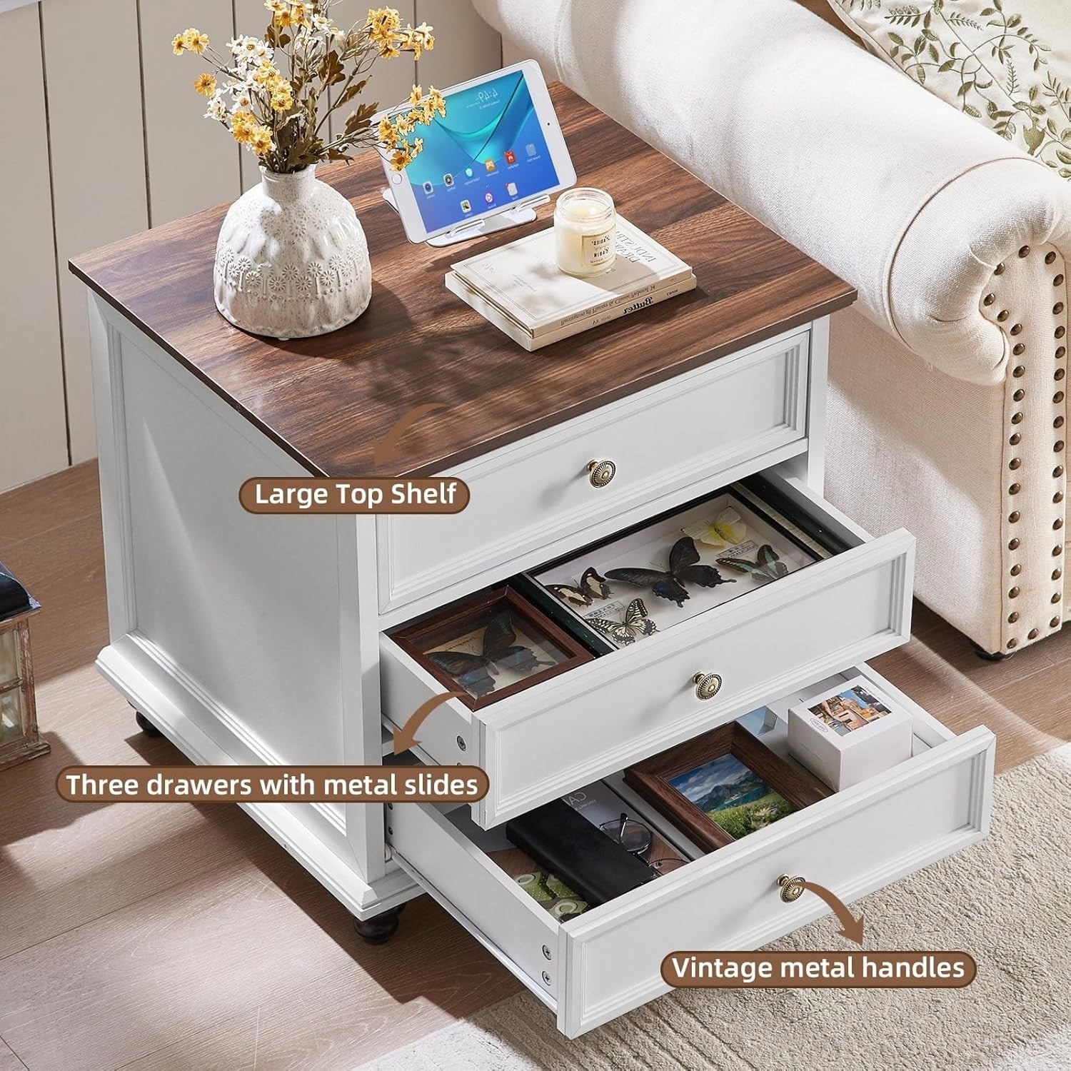 White Wooden Bedside Table with 3 Drawers – Rustic Nightstand