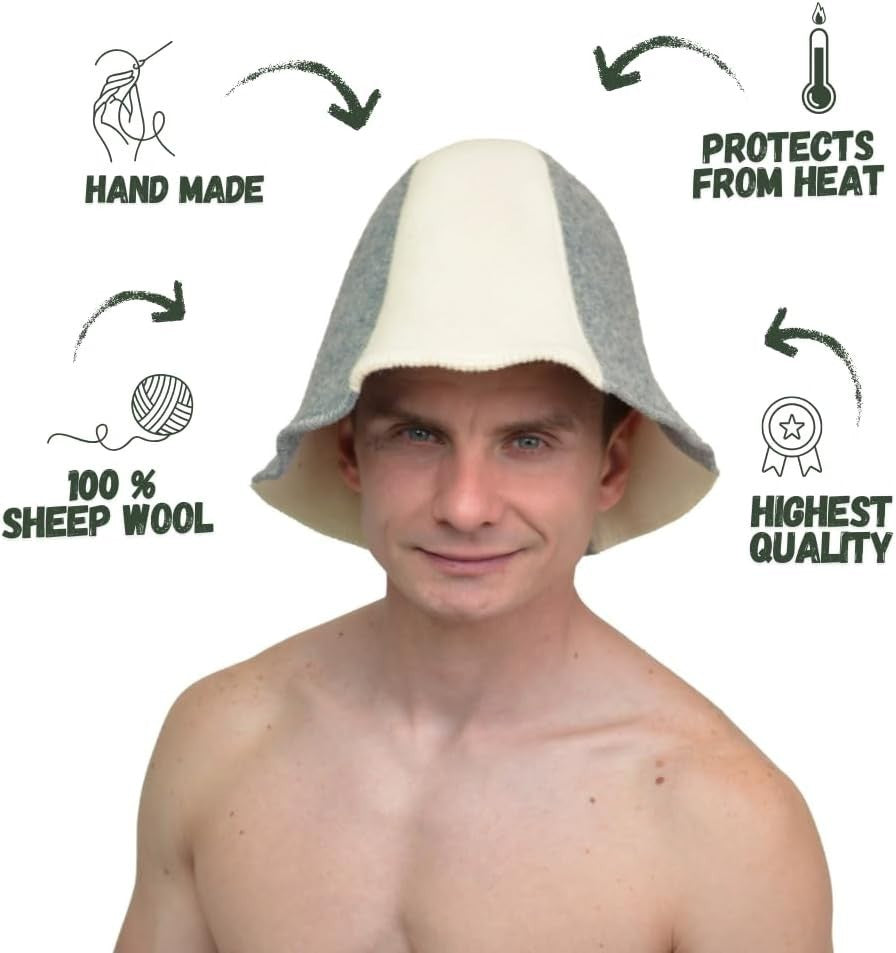 White Grey Sauna Hat – 100% Organic Wool Felt, Heat Protection for Banya