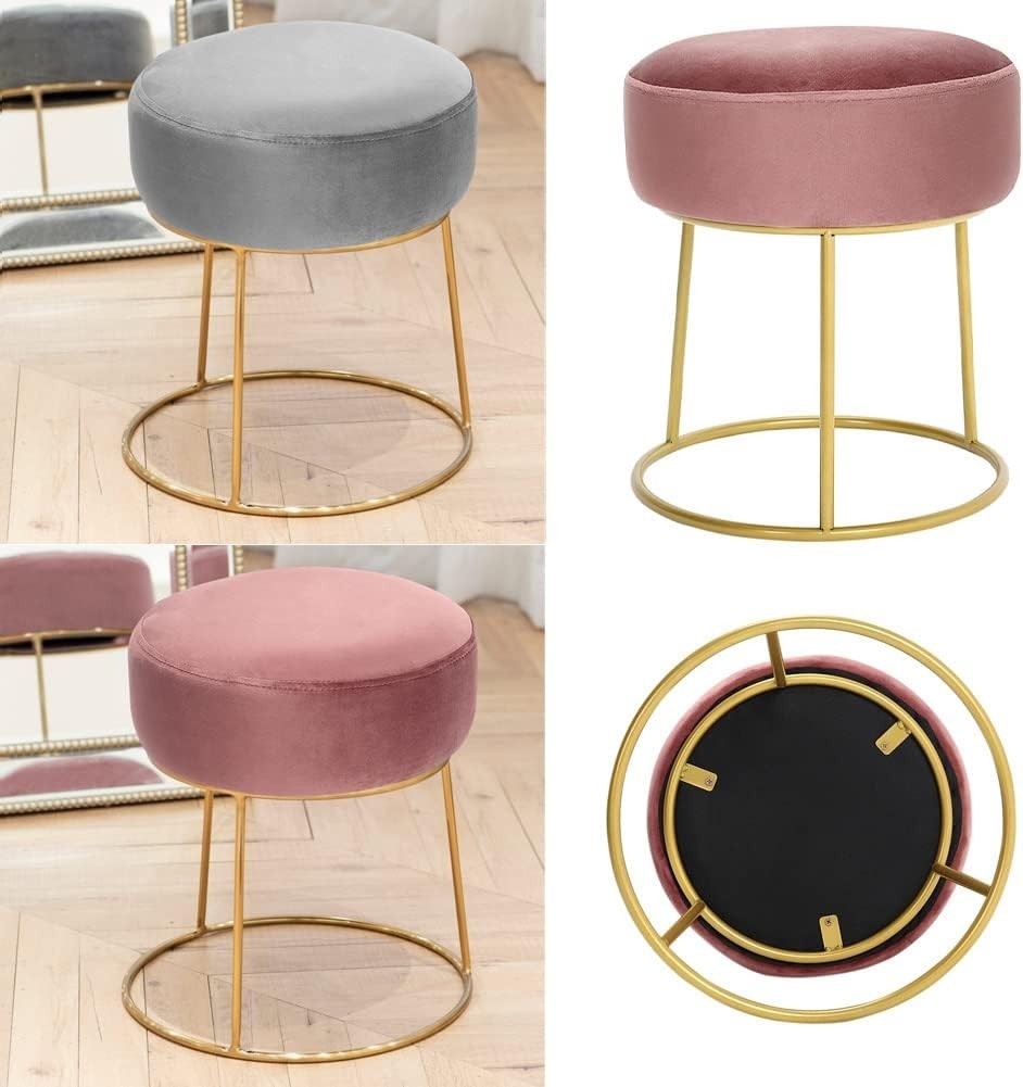 Grey Velvet Round Dressing Table Stool Ottoman Footrest with Metal Base