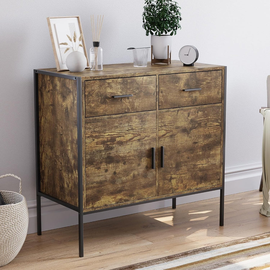 Industrial Dark Wood Sideboard Storage Cabinet 2 Door 2 Drawer Metal Legs