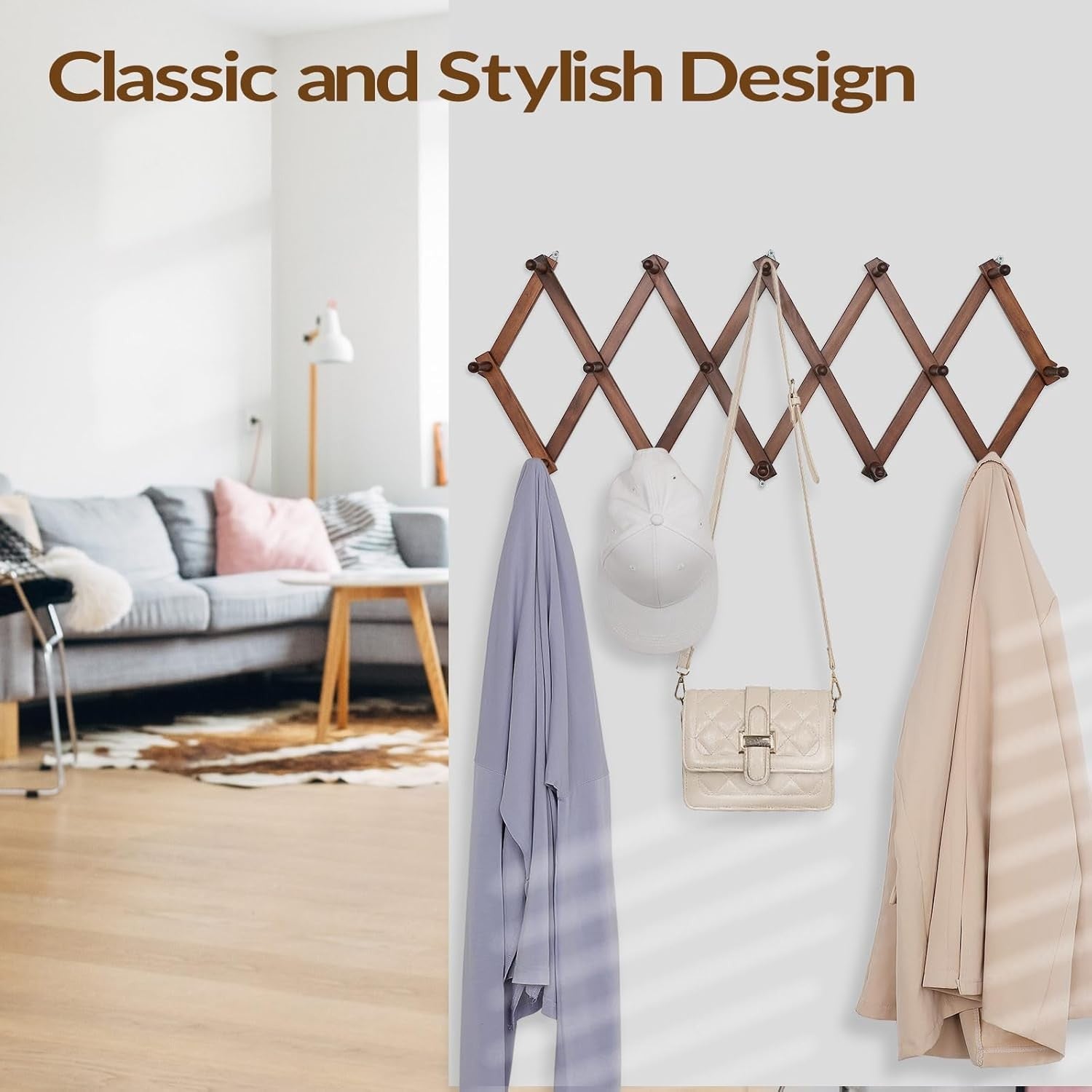 Expandable Wooden Wall Hat Rack 16 Hooks Rustic Foldable Coat Hanger Stand