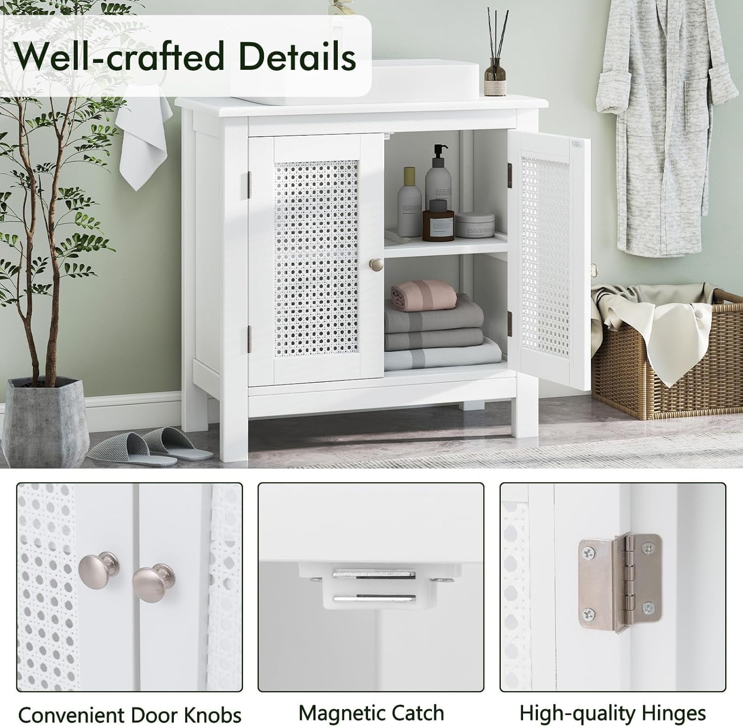 White Under Sink Bathroom Cabinet with Rattan Doors – Freestanding Storage Unit