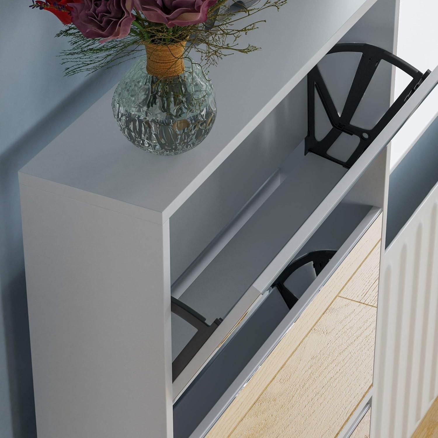 White Mirrored Shoe Cabinet | Slim 4 Drawer Storage 63x17x134cm Unit