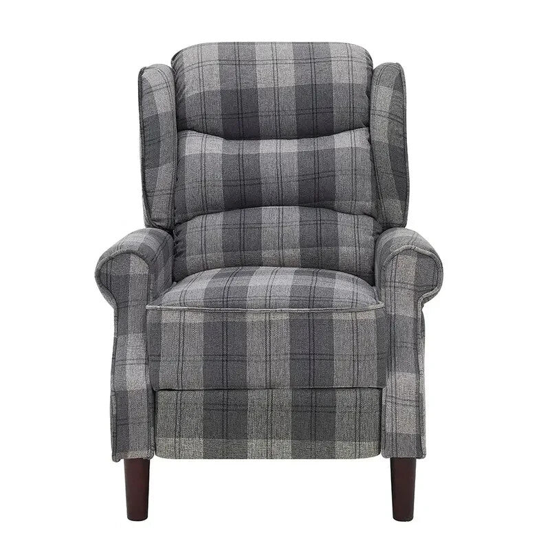 Grey Tartan Wingback Recliner Armchair – Manual Pushback Lounge Chair