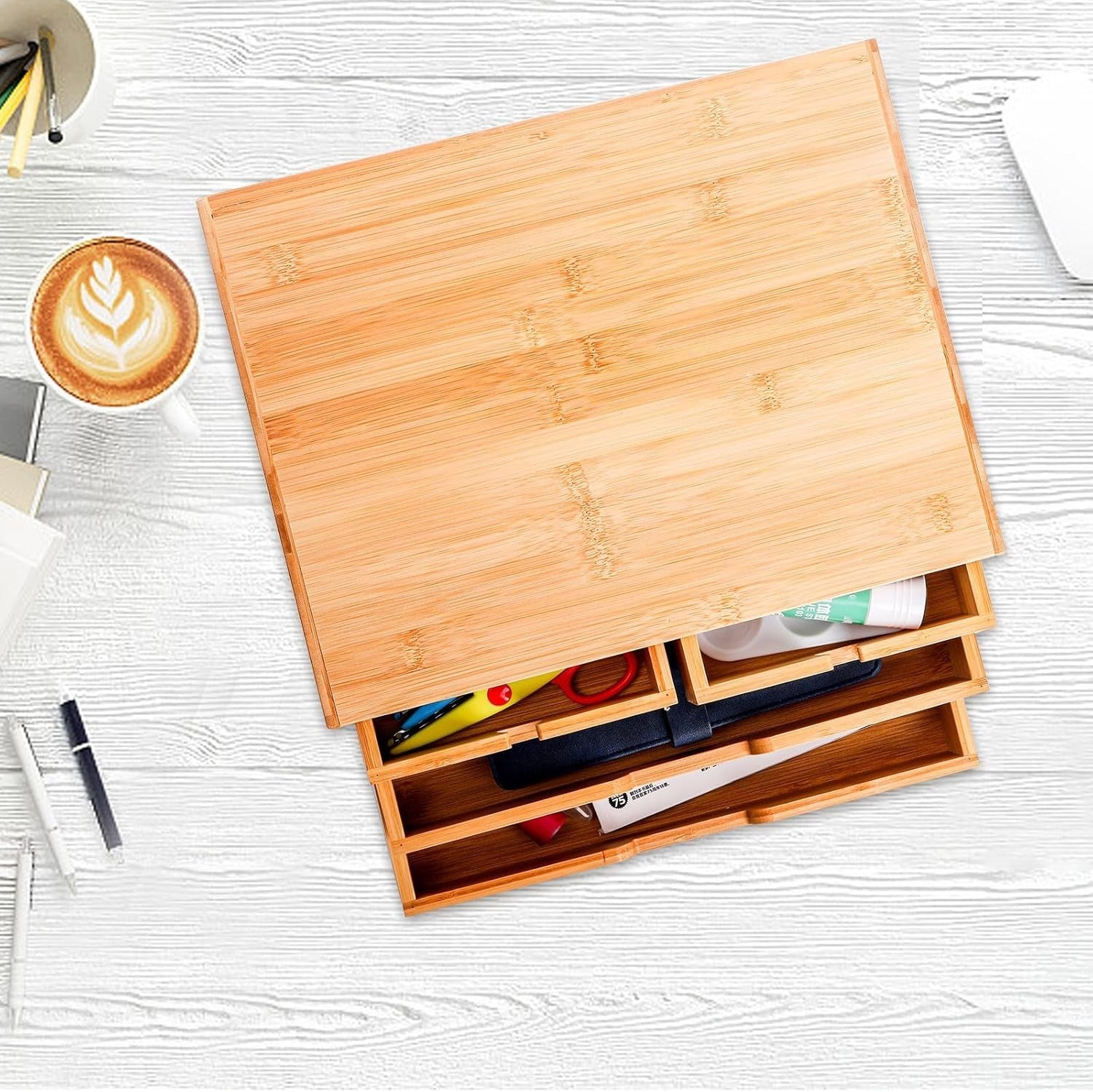 Natural Bamboo Desk Organizer 4-Drawer Desktop Storage Cabinet