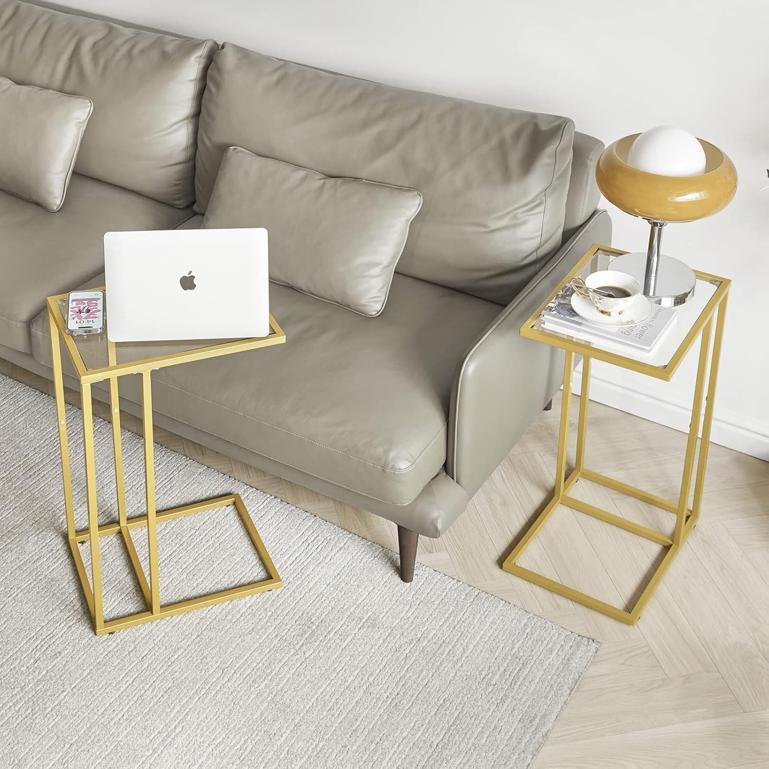 Gold C-Shaped Side Table 30x40x63 cm | Tempered Glass Sofa & Bed Table