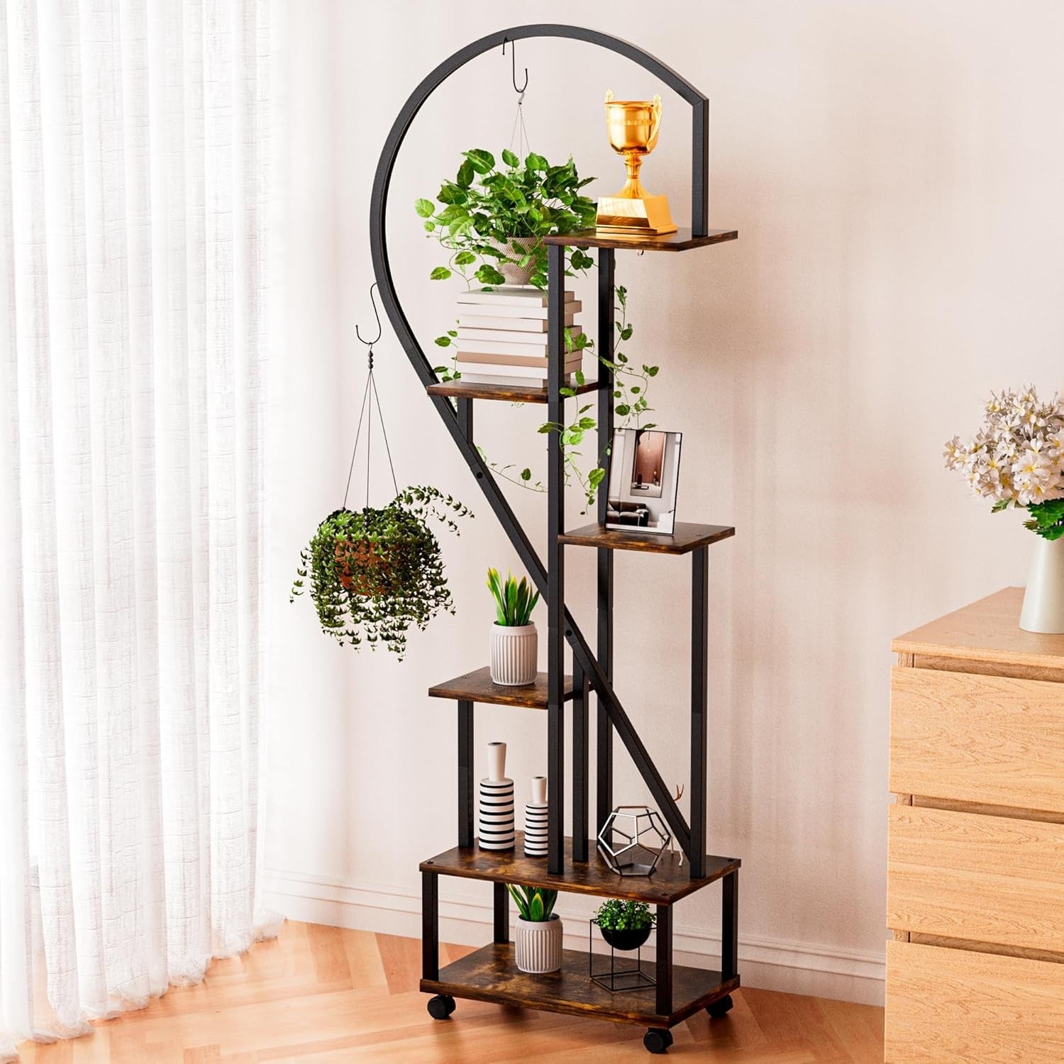 71in Half Moon Metal Plant Stand 6 Tier Tall Flower Shelf Indoor Outdoor Rack