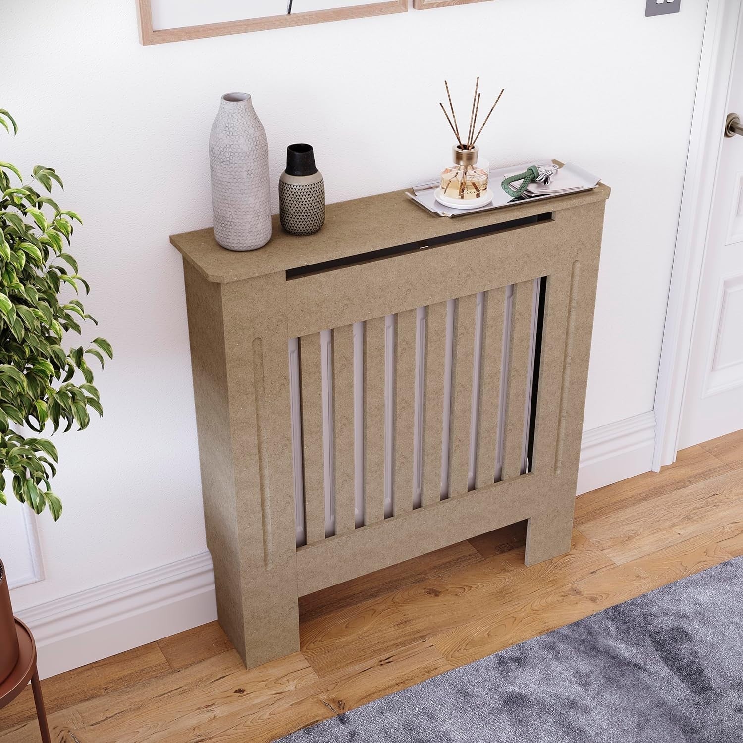 Small Unfinished Radiator Cover Cabinet | Modern Slatted MDF Heater Cover
