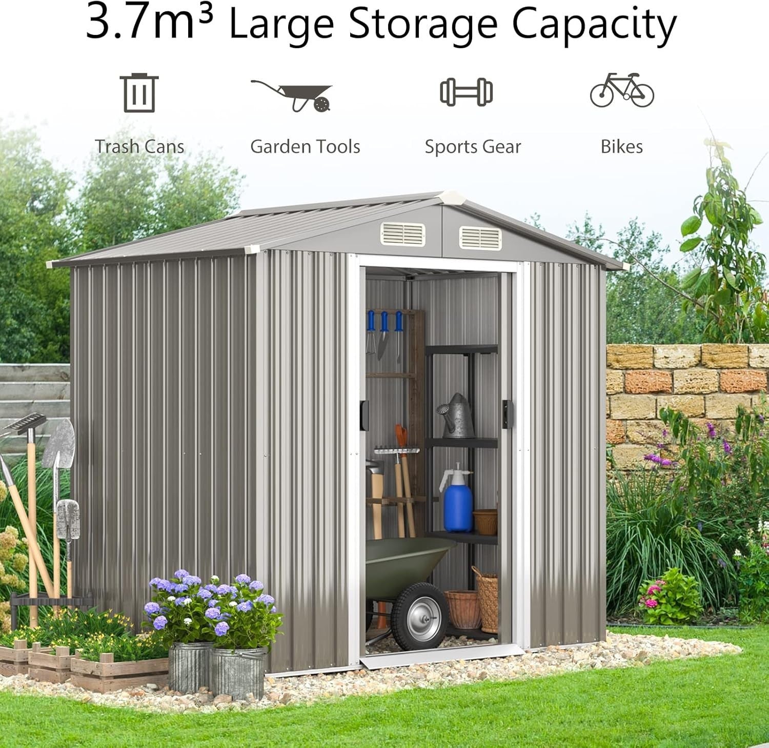 6x4FT Metal Garden Shed with Vents, Sliding Door & Ramp, Waterproof Storage