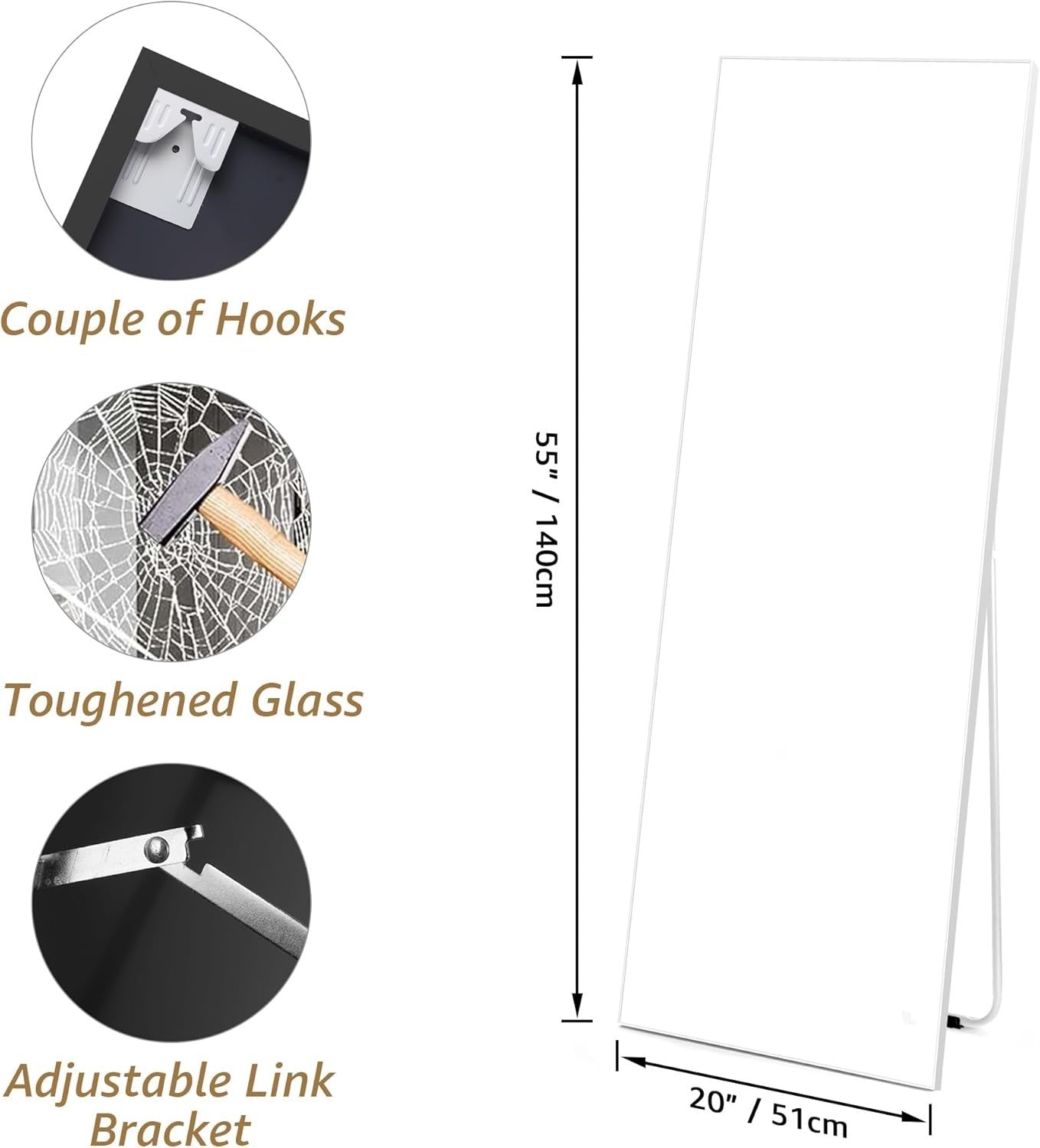 Full Length Mirror 140x51cm Wall & Floor Standing White Frame Modern