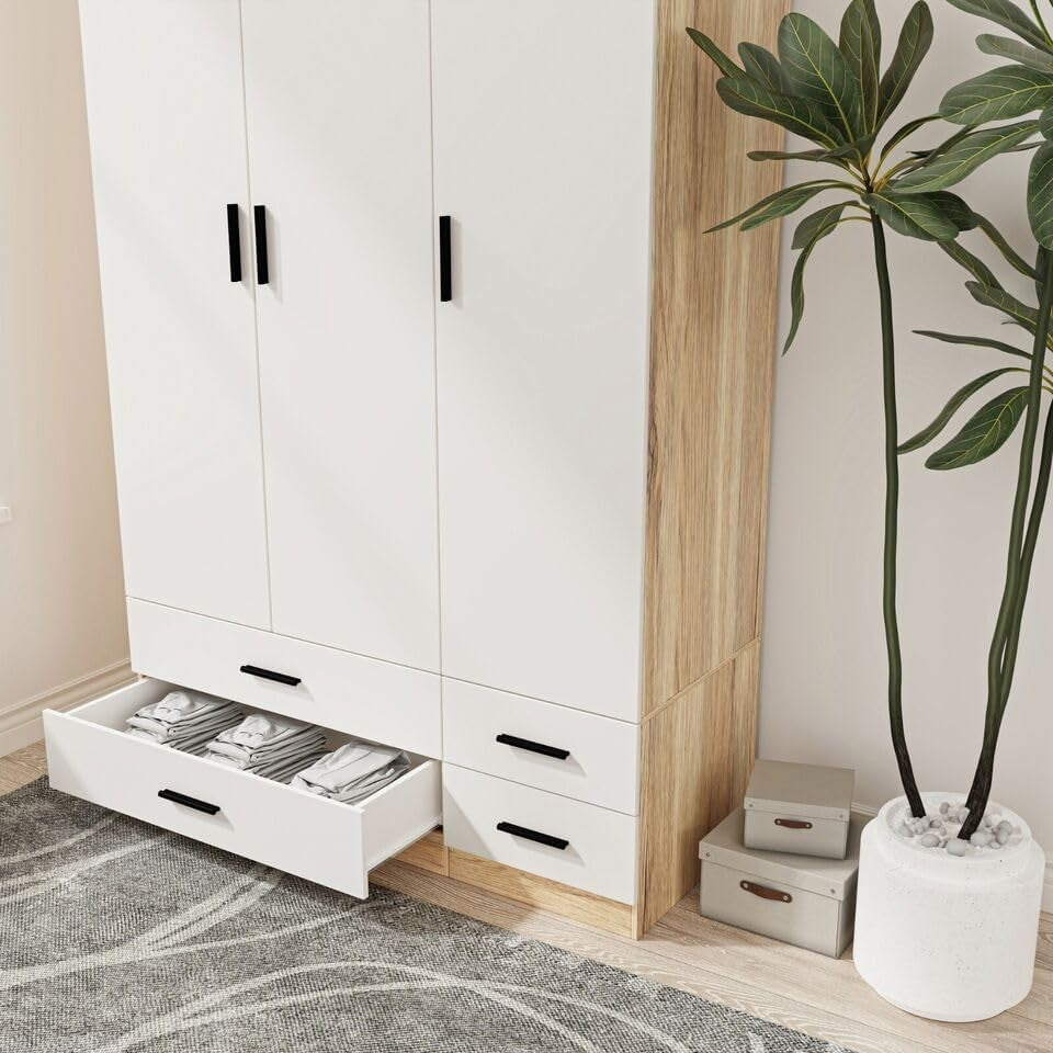 Oak & White 3 Door Wardrobe with 4 Drawers, Modern Bedroom Storage Unit
